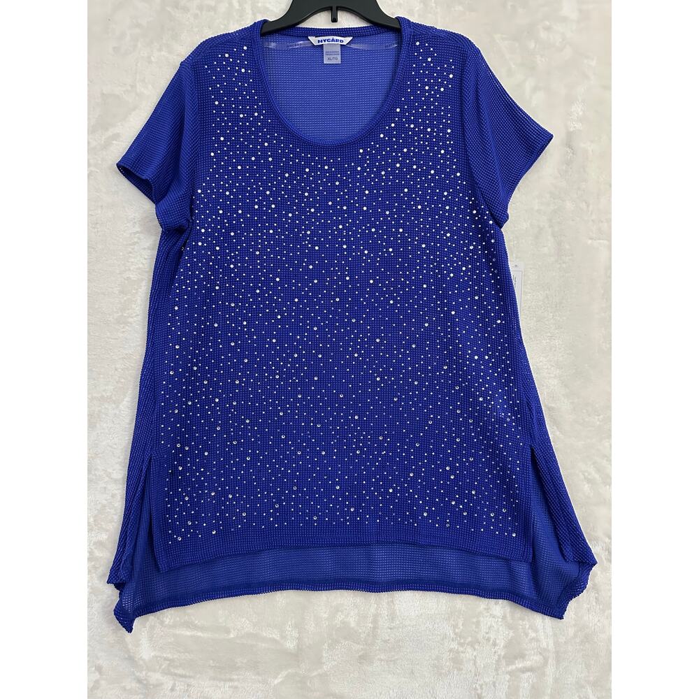 NWT Nygard Blue Rhinestone Net Tunic Top XL Sparkle Flowy